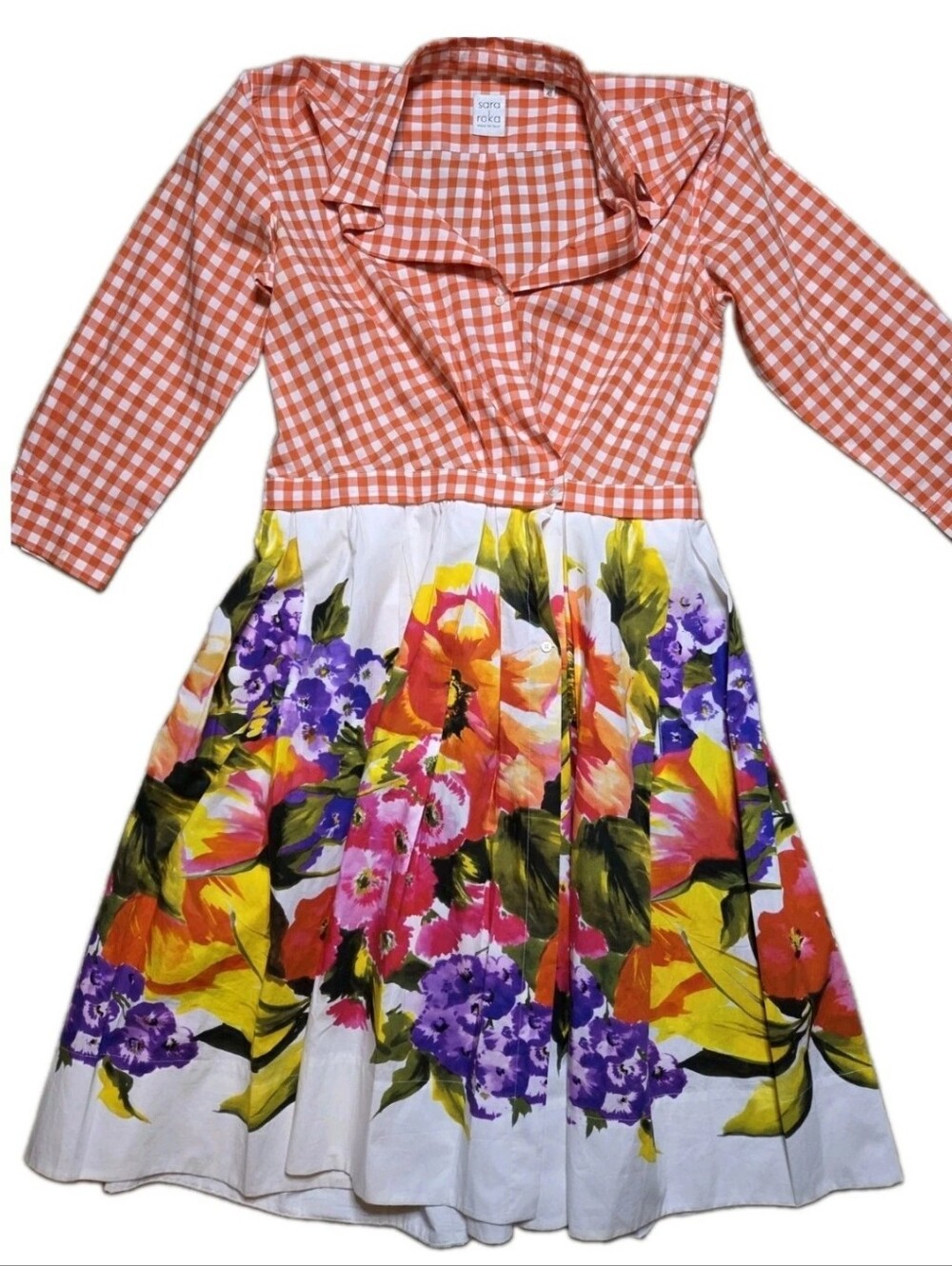 Sara Roka Mixed Pattern Gingham Floral Midi Shirtdress US XL 12 IT 48 Cotton